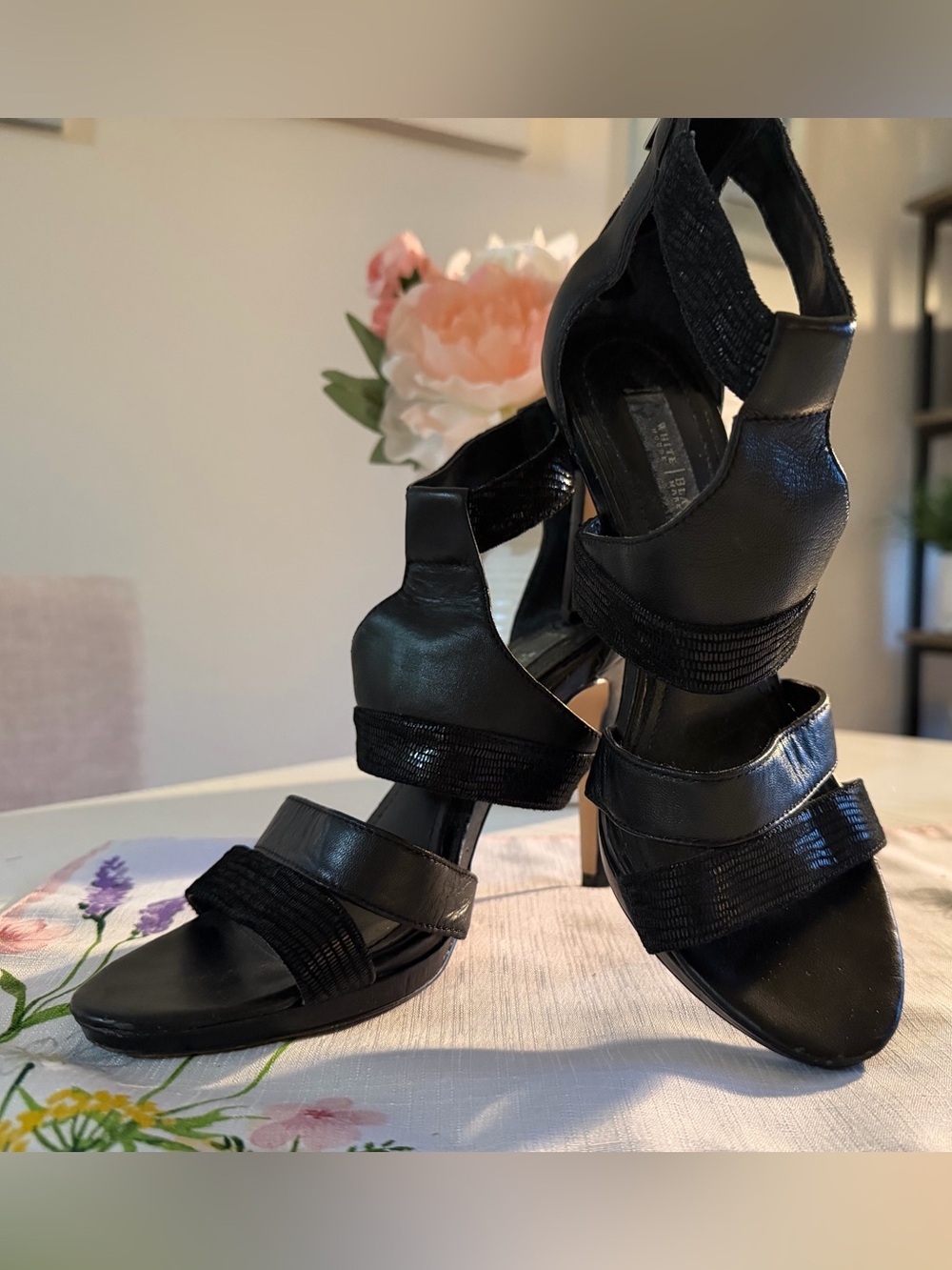 White House Black Market Black Leather Strappy Heels